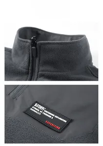 Detail of dark grey fleece jacket featuring upright collar and Free Spirit silicone patch