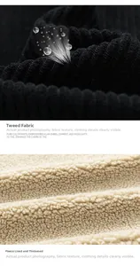 Detailed close-up of black corduroy fabric and thick beige sherpa fleece lining