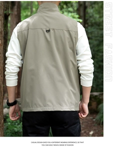Rear view of men's outdoor leisure khaki vest with stand collar and decorative back loop