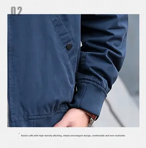 Détail de couture haute densité et poignets élastiques sur une veste cargo bleu marine