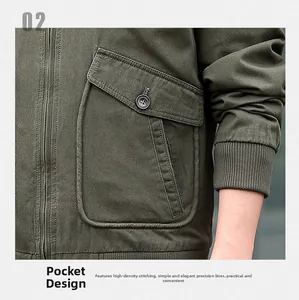 Detail of cargo jacket pocket with high-density cotton fabric and precision stitching