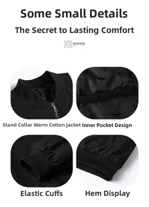 Detail view of stand-up collar, inner pocket, elastic cuffs and hem of black winter jacket