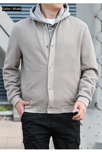 Detail of khaki waffle texture fabric on men's casual stand collar jacket with snap buttons