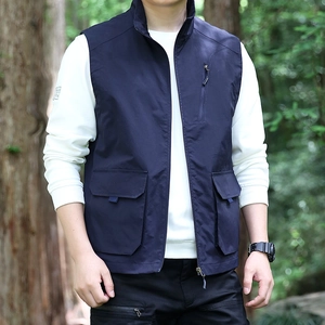 Men's navy multi-pocket utility vest with stand collar and zipper for outdoor casual wear