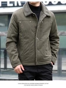 Detail of olive green winter jacket with grey lamb wool collar and button closure