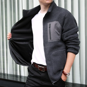 Men's dark grey polar fleece jacket with stand collar and zippered chest pocket