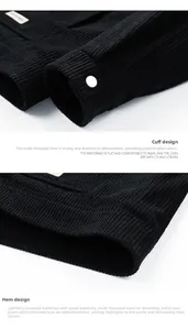 Detail view of black corduroy jacket showing ribbed cuffs and multi-line durable stitching