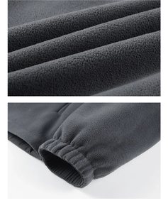 Detailed macro texture of dark grey fleece fabric with elastic cuff stitching on jacket