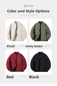 Collage of padded bomber jackets in khaki, army green, red, and black colors