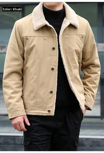 Detail of khaki sherpa collar and buttoned front on warm men winter jacket