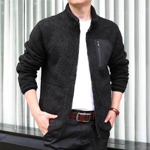 Men's black polar fleece zip-up jacket with stand collar and chest pocket for winter warmth