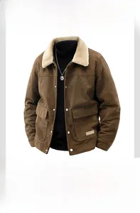 Detail view of brown corduroy jacket with white fleece collar and front flap pockets