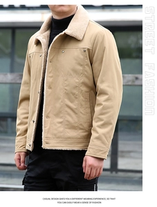 Detail of khaki men's winter jacket featuring a white fleece collar and metal buttons