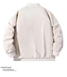Rear view of khaki bomber jacket featuring ribbed collar and windproof fabric