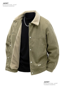 Close-up of olive green corduroy texture and white sherpa fleece lining on the jacket