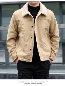 Detailed view of khaki worker jacket with warm sherpa collar and front pockets