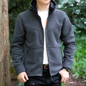 Men's dark gray hooded fleece jacket with orange trim for outdoor activities and hiking