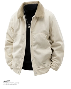Detail of off-white corduroy jacket with faux shearling collar and metal snap buttons