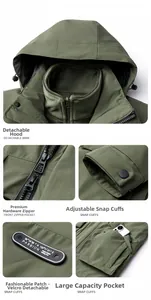 Detail view of military green outdoor jacket with snap cuffs and detachable tactical hood
