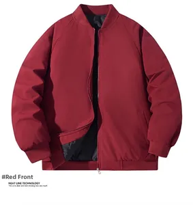 Detailed front view of red bomber jacket with silver zipper and ribbed cuffs
