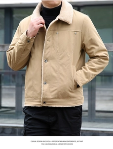 Detail of khaki men's sherpa lined jacket featuring warm fleece collar and canvas texture