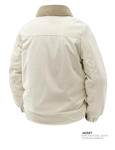 Rear view of cream corduroy jacket featuring a faux fur collar and ribbed cuffs