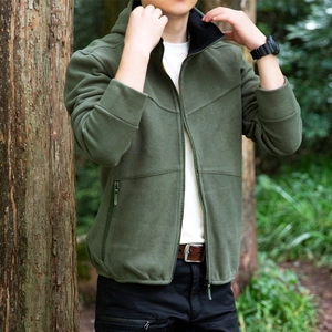 Olive green hooded fleece jacket for men with full-zip design and outdoor style
