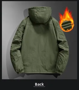 Detailed back view of men's thermal hooded jacket featuring windproof fabric and fleece lining