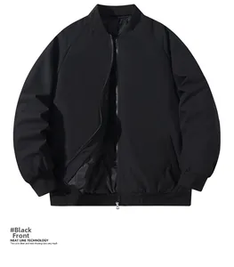 Detailed view of the ribbed baseball collar and neat stitching on a black bomber jacket