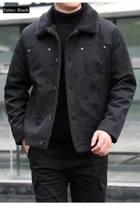 Detail of men's winter jacket with grey lamb wool collar and durable metal buttons