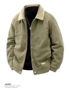 Detail of olive green corduroy jacket showing beige sherpa collar and metal buttons