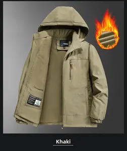 Detail of khaki outdoor jacket featuring warm fleece lining and windproof fabric texture