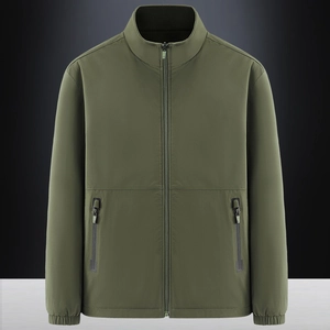 Men's olive green outdoor fleece jacket with stand collar and zipped pockets