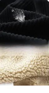 Detail of premium black corduroy fabric and thick warm fleece lining for winter jacket