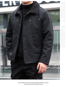Detail of men's winter jacket with warm sherpa fleece collar and street fashion style