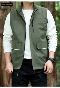 Close-up of military green outdoor vest featuring functional pockets and stand-up collar