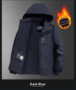 Close-up of waterproof shell and thick black fleece lining on this navy outdoor jacket