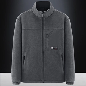 Men's outdoor fleece jacket in dark grey with standing collar and three zipper pockets
