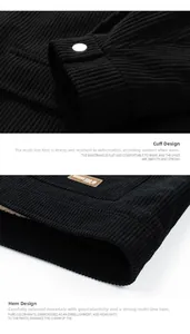 Detail view of black corduroy jacket sleeve with metal button and Urban Sub leather patch