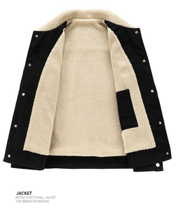 Detail of black corduroy jacket showing warm faux shearling lining and inner pocket