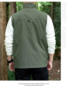 Rear view of army green outdoor vest featuring stand collar and windproof fabric detail