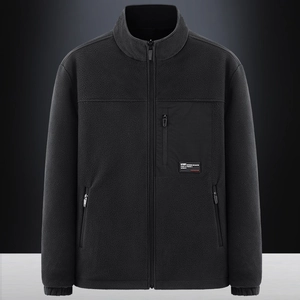 Men's black fleece jacket with stand collar and sport chest pocket for outdoor winter wear