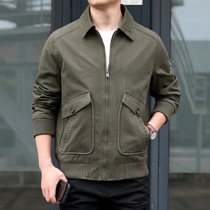 Men's olive green cotton flight jacket with multiple utility pockets and zip closure