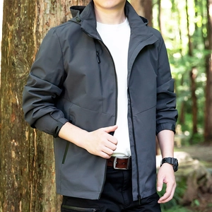 Men's dark grey hooded outdoor casual jacket with waterproof windbreaker design