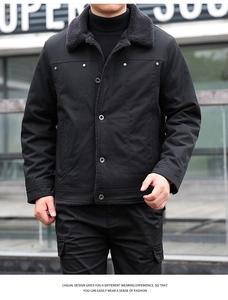 Detail of men's winter jacket with warm lamb wool collar and buttoned cargo pockets