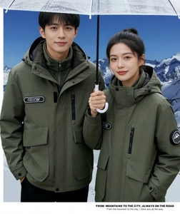 Detail of army green outdoor waterproof parka with hooded design and multi-pocket features