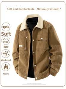 Detailed view of men's khaki corduroy jacket with fleece collar and buttoned pockets