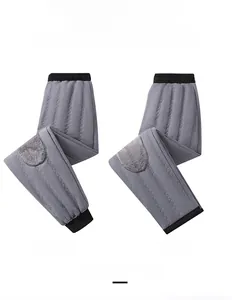 Detail of ribbed cuffs versus straight leg design on gray fleece lined winter pants