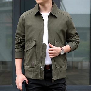 Men's olive green cotton flight jacket with multi-pockets and ribbed cuffs for casual wear