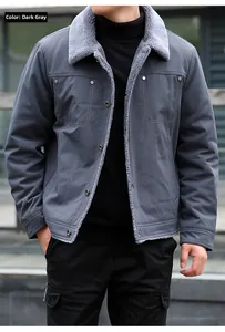 Detail of winter men's padded jacket showing thick faux lamb wool collar and metal buttons